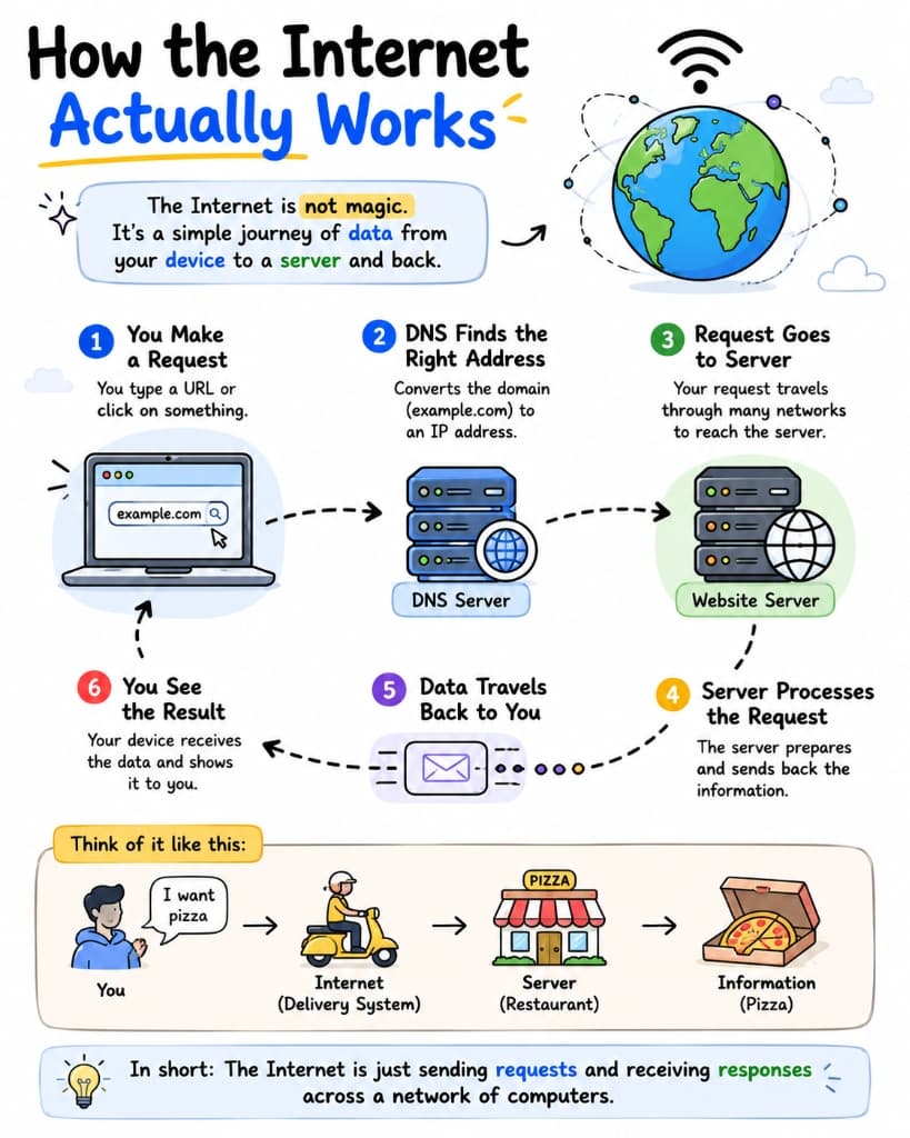 How the Internet Actually Works - DNS, Servers, and Request Journey Infographic